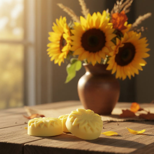Sunflower-shaped soap on a wood table with sunflowers in the background