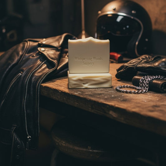 Soap labeled 'Whispering Woods' on a wooden surface with leather jacket, helmet, and gloves in the background