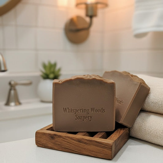 Two bars of soap on a wooden soap dish with 'Whispering Woods Soapery' branding in a bathroom setting.