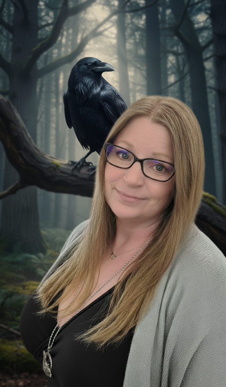 Whispering Woods Soapery owner (a woman with glasses) standing in a forest with a raven on a branch