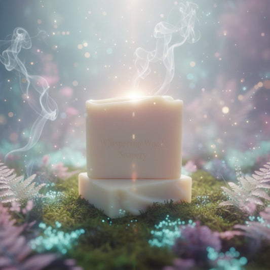Bars of cream colored soap with 'Whispering Woods' branding on a grassy background with magical smoke and lights