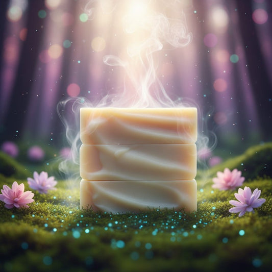 Bars of cream-colored soap stacked on moss with pink flowers and a magical background