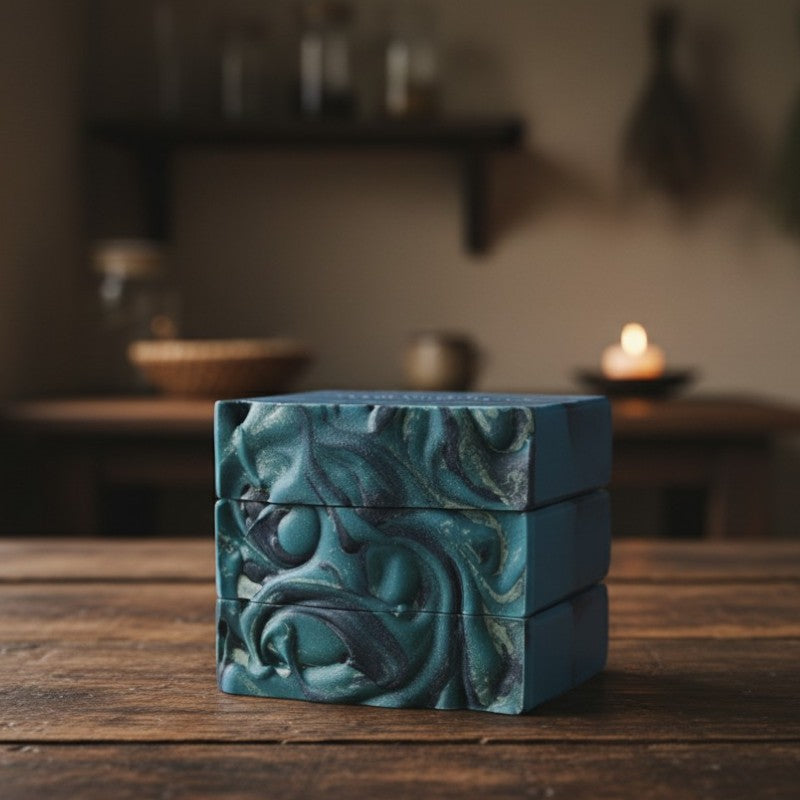 Stack of blue and black swirled soaps on a wooden surface with a blurred background