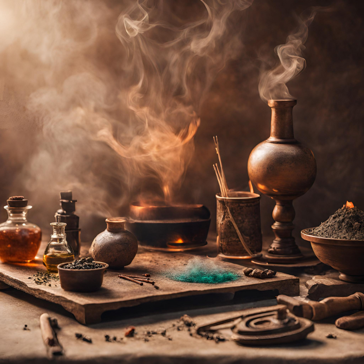 An alchemists table with resins and incense, potions and bottles