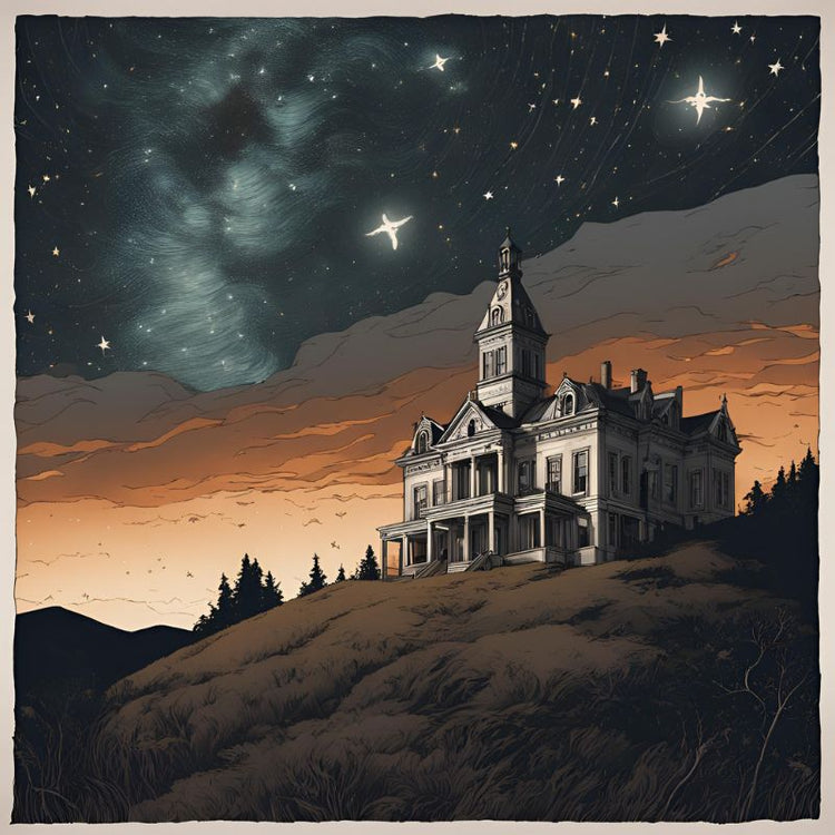 An old mansion sits atop a hilltop under a starry sky