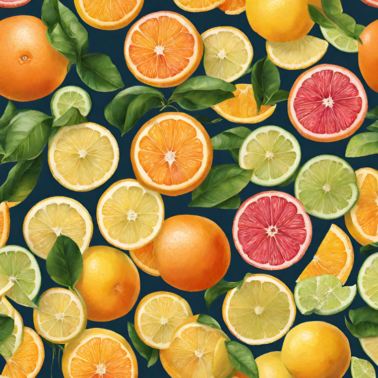 Oranges, grapefruits and limes, some cut in half, on a black background