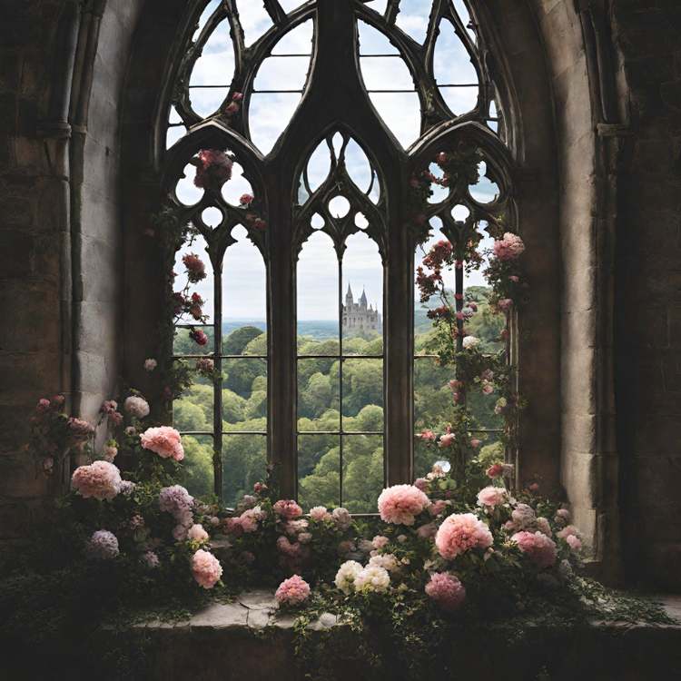 Dark and light floral blooms surround a castle turret window with a view of trees and a castle in the background