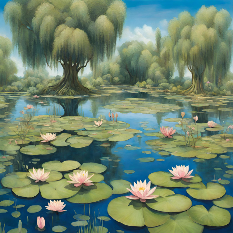 A serene pond with lily pads, surrounded by whimsical weeping willow trees