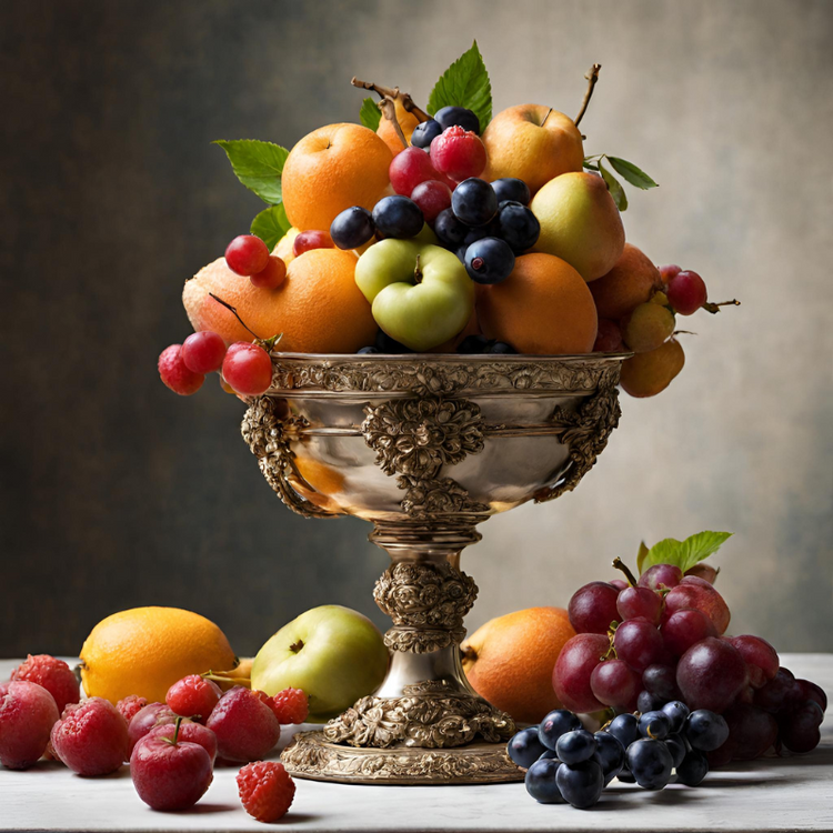 A large fancy goblet filled with fruit, with fruit also on the table at its base