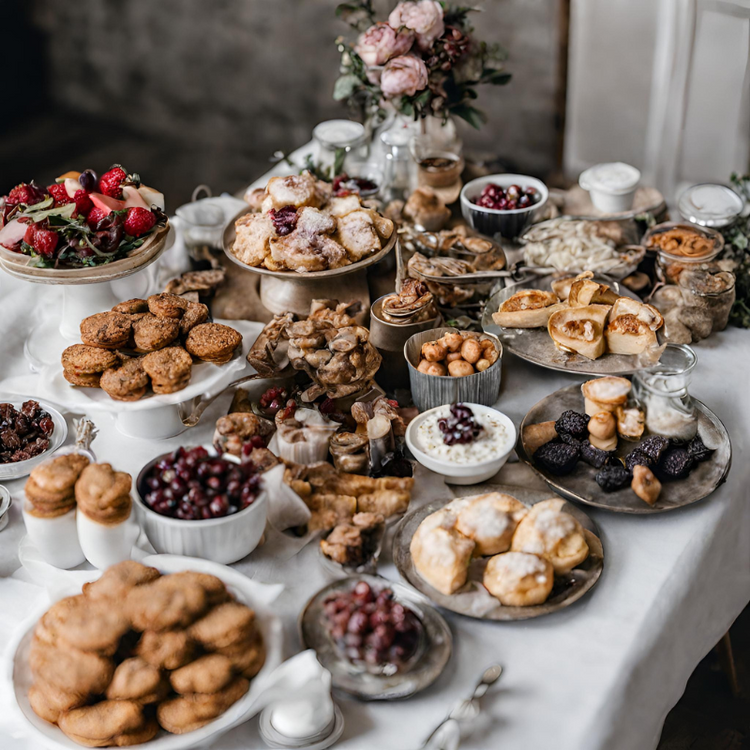 Decadent goodies on plates and in bowls atop a tabletop covered in white linen