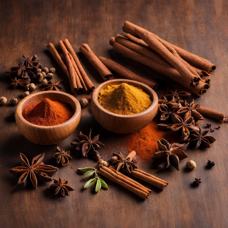 A wood table laden with spices in bowls such as cinnamon and ginger and spice sticks like cloves