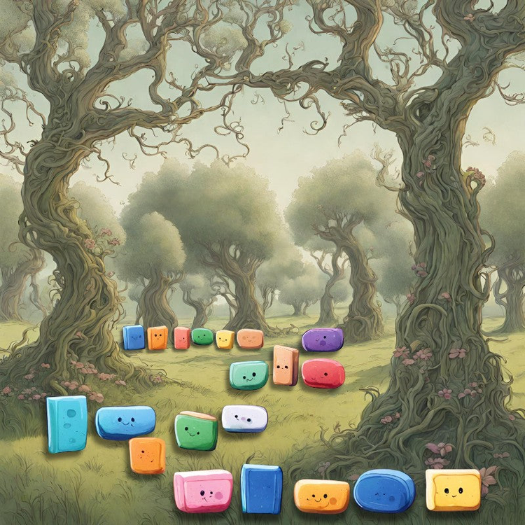 Whimsical cartoon trees with little cartoon smiling soap bars on the grass in the foreground