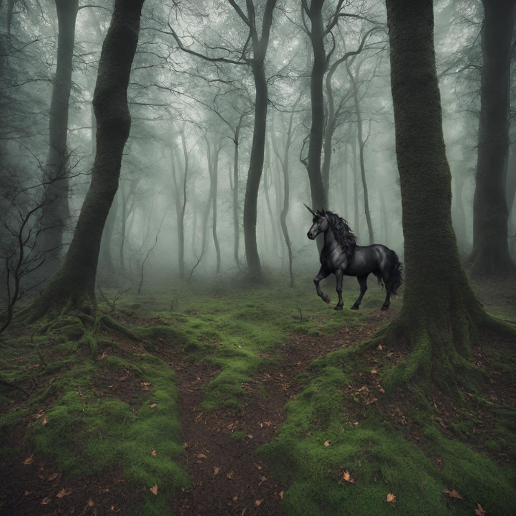 A mysterious and foggy forest with a black unicorn standing amongst the trees