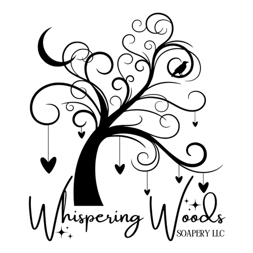 A black outline of a whimsical tree with a crescent moon behind it and a raven perched in its branch, with seven hearts dangling from strings throughout its limbs. The business name Whispering Woods Soapery LLC is beneath the logo.