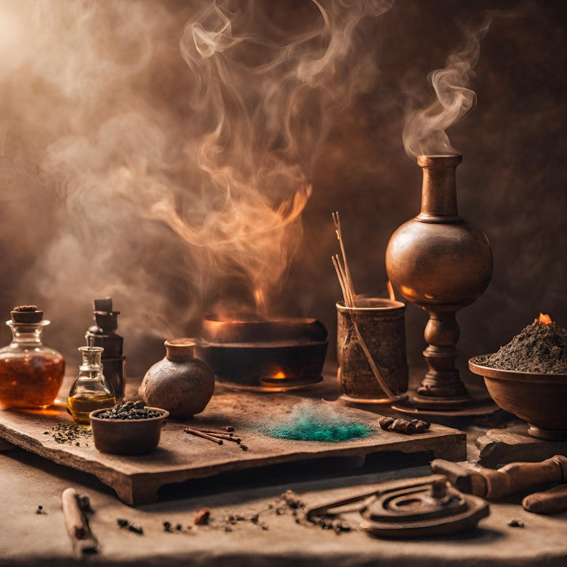 An alchemists table with incense and resins, potions and vessels