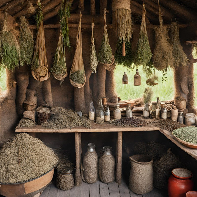 A wood structure with drying herbs hanging from the rafters and a table covered with bottles and herbs