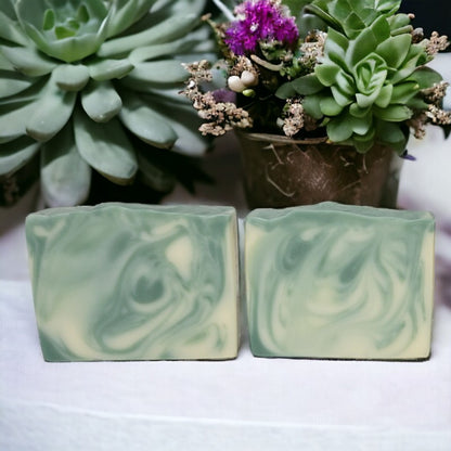 Two bars of creamy white and light green soaps with pots of succulents in the background