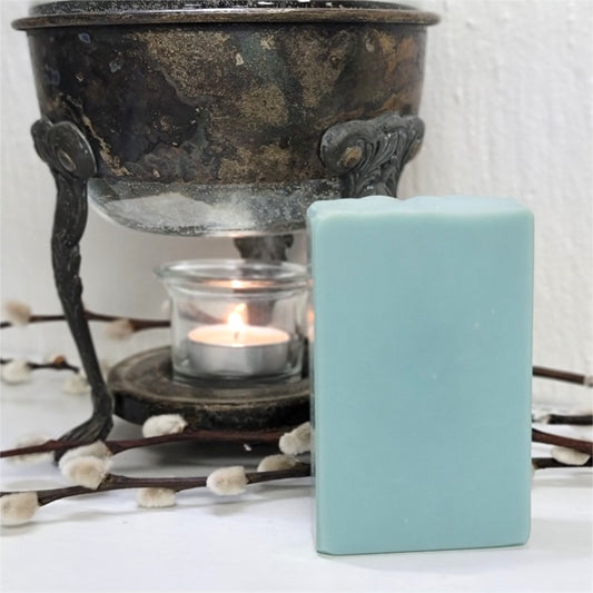 A rectangular bar of light greenish-blue soap stands next to a vintage warmer with a lit tealight candle, set against a white background with decorative willow branches.