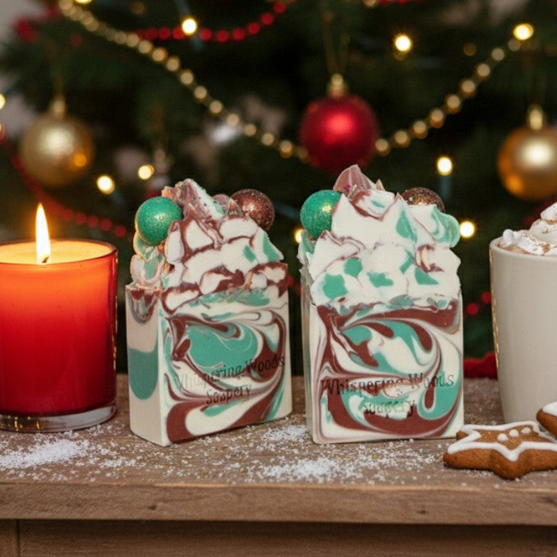 Two decorative white, red and green soap bars with a lit candle and cup of cocoa in front of a Christmas tree