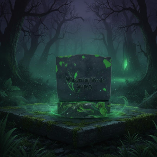 Black and green soap bar with 'Whispering Woods Soapery' branding in a mystical spooky forest setting