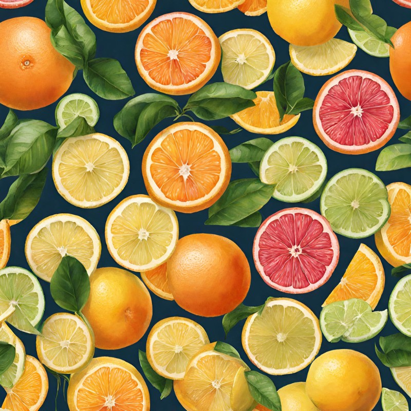 Oranges, limes and grapefruit, some whole and some sliced in half, atop a black background