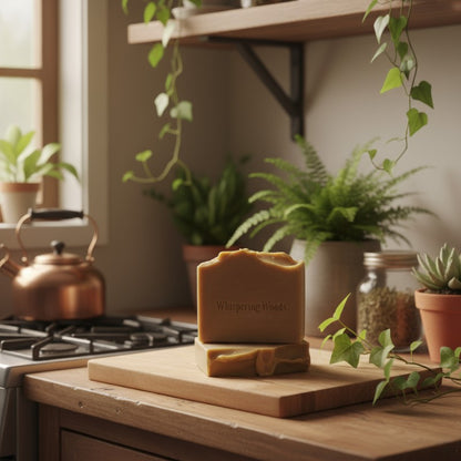 Bars of soap on a wooden cutting board with plants in the background
