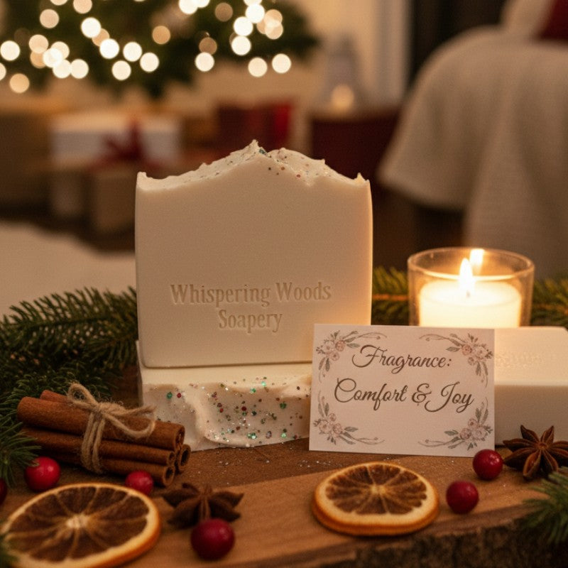 Whispering Woods Soapery bar of soap with a lit candle and Christmas decorations on a wooden board