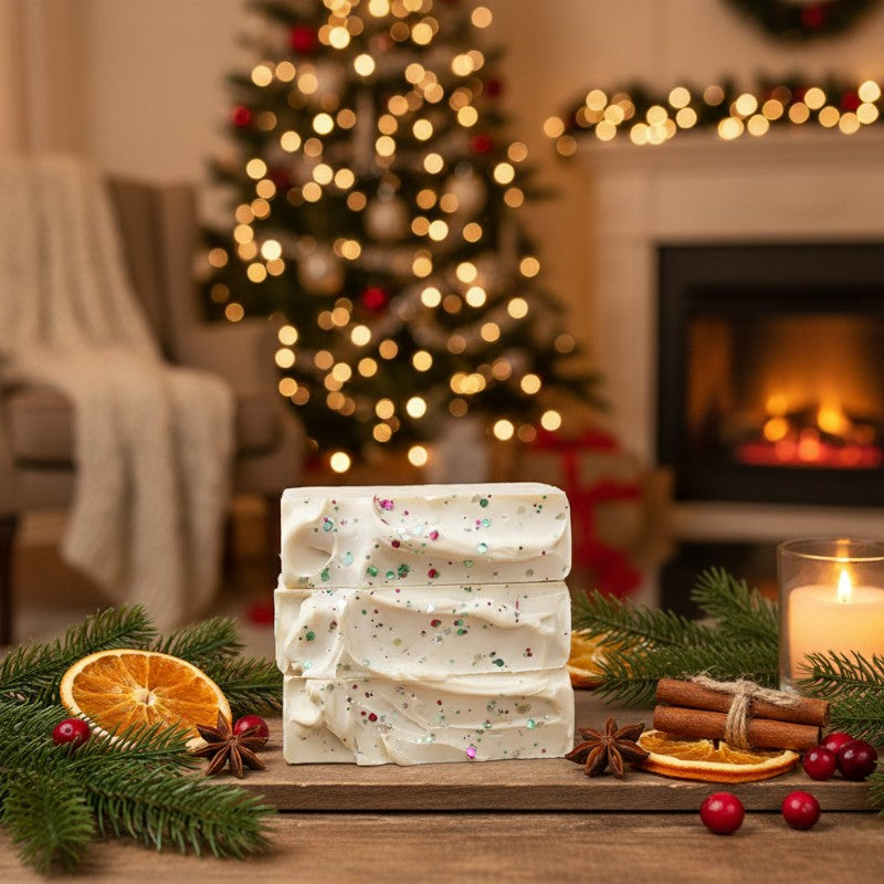 Stack of white soap bars with decorative green and red glitter on a wooden surface, with a Christmas tree and fireplace in the background