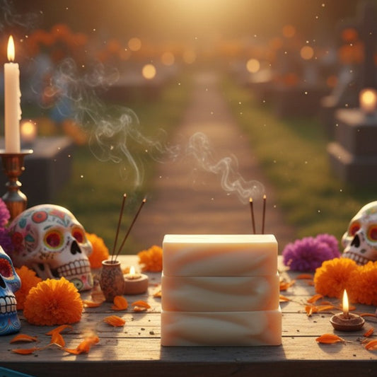 A cream-colored stack of soaps on a wood surface with day of the dead bright decorations