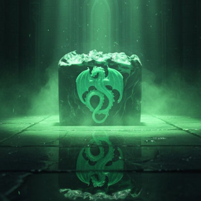 A black soap with green swirls with a green dragon on the front
