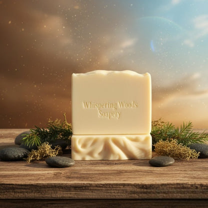 Two cream bars of soap with the 'Whispering Woods Soapery' branding on a wood surface