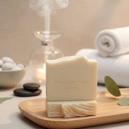 Two cream colored bars of soap in a spa setting with towels and hot rocks