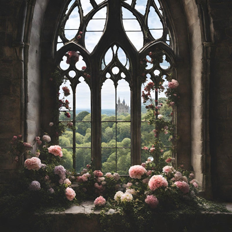 Light and dark blooms surround a cathedral-like window overlooking trees and a castle in the background