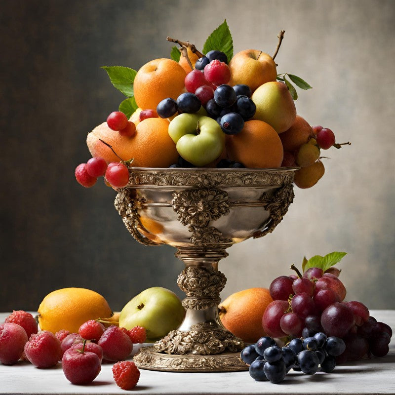 A large engraved goblet holds fruit upon a tabletop where more fruit is scattered