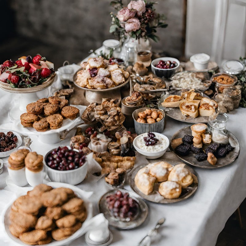 A table filled with plates and bowl of delectable goodies such as berries and cookies and chocolate desserts