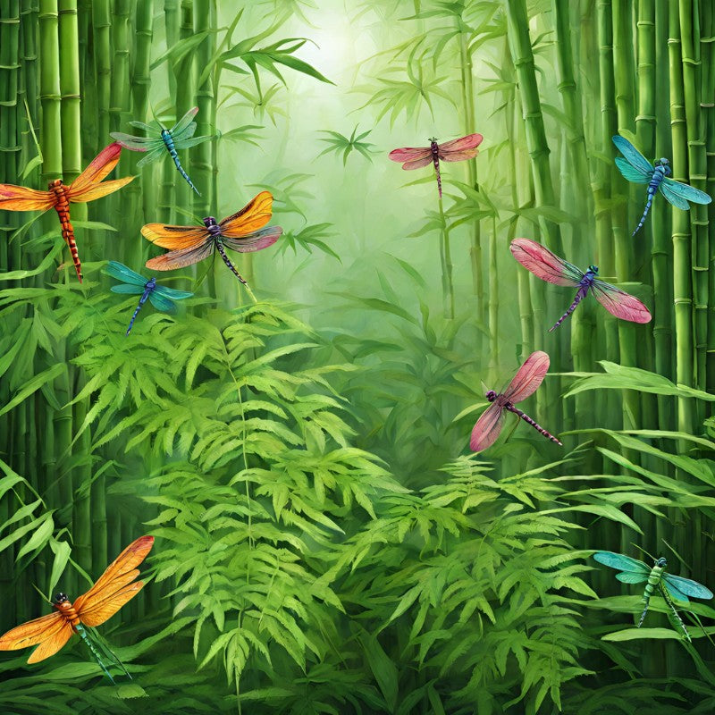 Colorful dragonflies surrounded by bamboo shoots and leaves