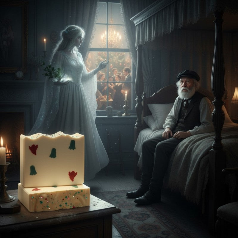 A ghost of christmas past looks at an older man sitting on a bed, with white bars of soap that have green and red ghost embeds on a dresser in the foreground
