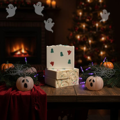 White soap bars with green and red ghost embeds in a scene between halloween and christmas