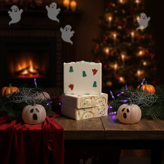 White soap bars with green and red ghost embeds in a scene between halloween and christmas