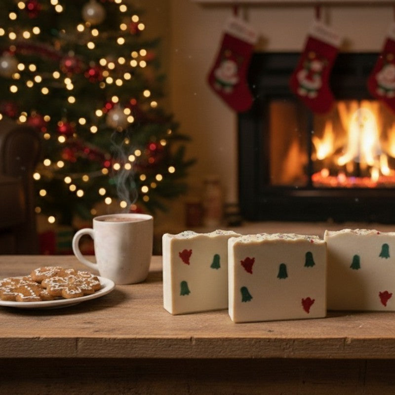 Cozy Christmas scene with cookies and bars of white soap with green and red ghost embeds on a table in front of a fireplace and tree