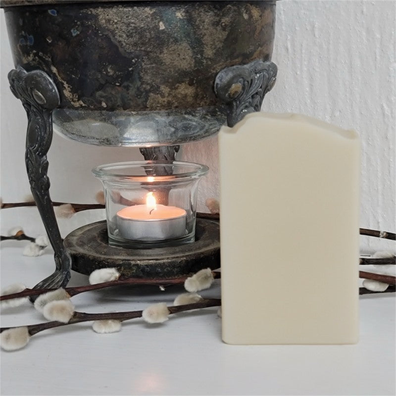 A light tan rectangular bar of soap stands next to a lit tealight candle in a clear glass holder in a vintage warmer. There are decorative pussy willow branches in the scene.