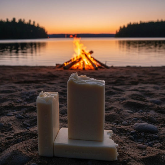 Three bars of soap stacked on a sandy beach with a campfire and sunset in the background