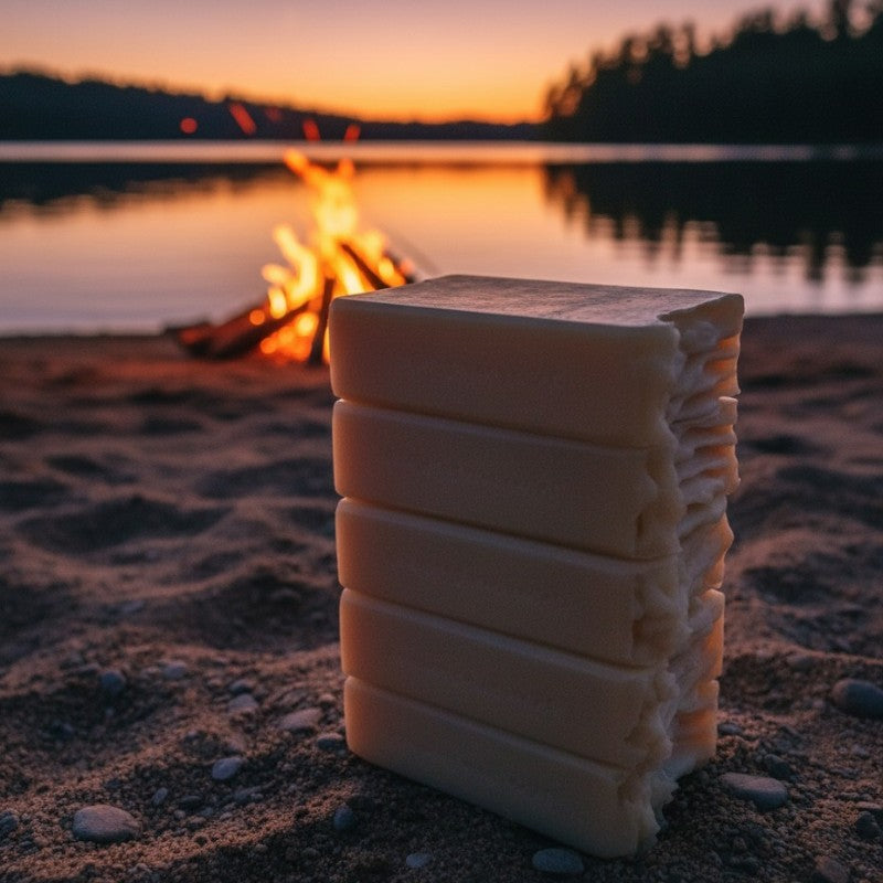 Stack of soap bars on a beach with a campfire and sunset in the background