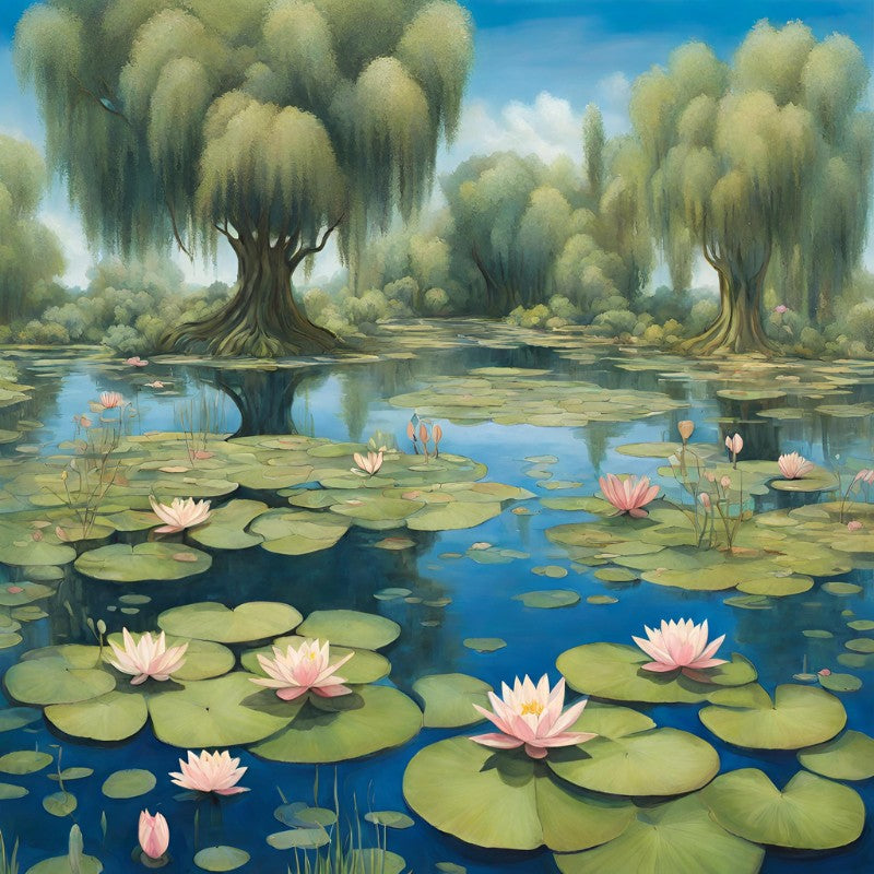 A tranquil pond with lily pads surrounded by whimsical weeping willow trees