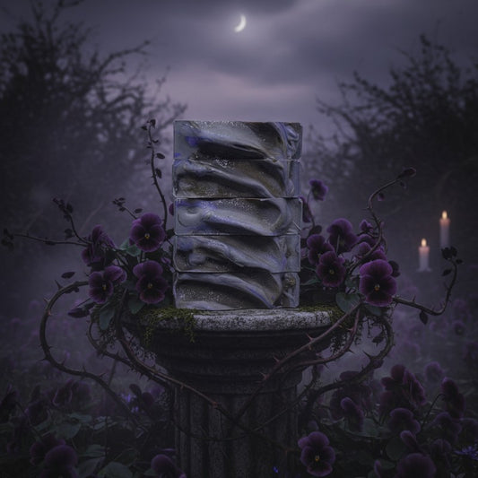 Stack of purple, silver and black soap bars on a stone pedestal with purple violets and a candle in a dark, mystical setting