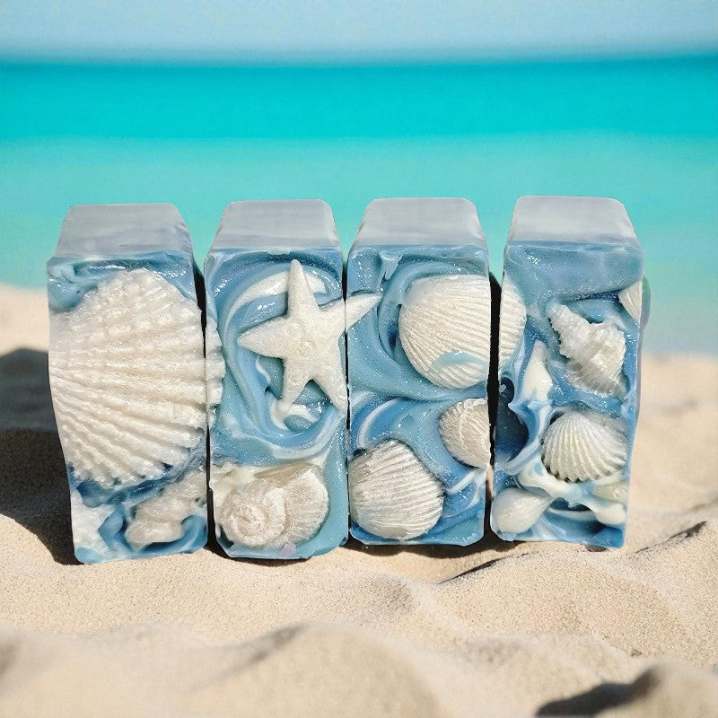 Close-up of the pearly seashelled tops of blue and white soaps