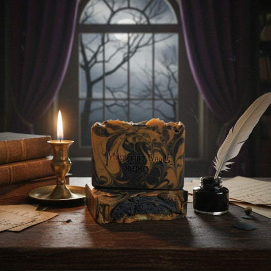 Bars of soap with 'Whispering Woods' branding on a wooden surface with a candle, feather and inkwell in the background