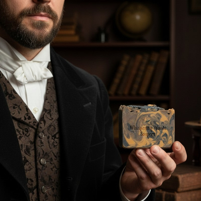 Vintage-styled man in formal attire holding a soap bar with 'Whispering Woods' branding