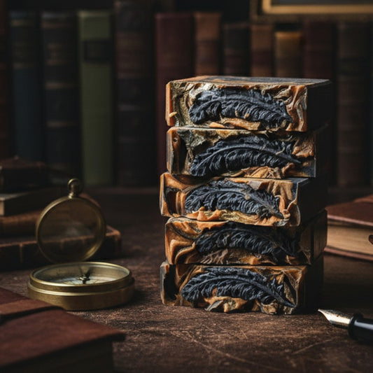 Stack of orange, brown and black soaps that have a quill feather on top, with a compass and books in the background