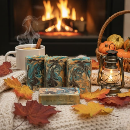 Four soap bars with autumn leaves, a mug of hot chocolate, and pumpkins by a fireplace